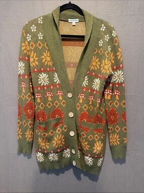 EARTHBOUND Olive Fair Isle Floral & Mushroom Cardigan